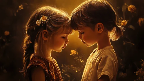 Two Children in Golden Light. Digital Illustration.