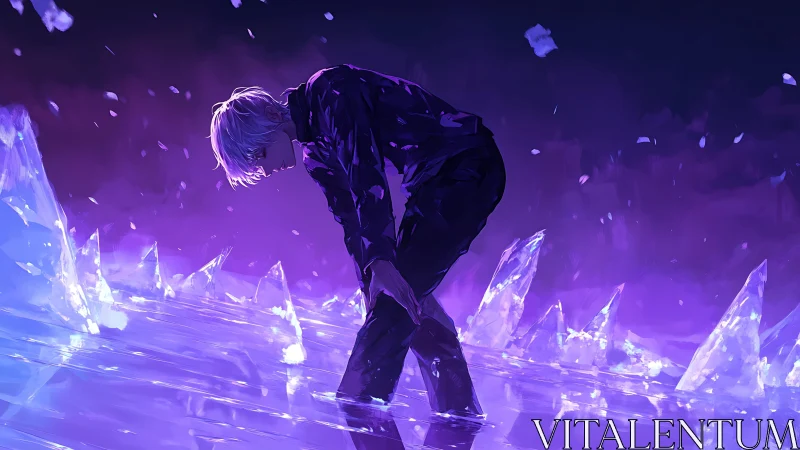 Digital painting of lone figure on crystalline frozen void.