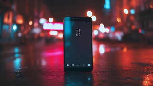 Smartphone on wet urban street at night with city lights.