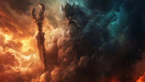 Storm crowned sea god rises between flame and thunderclouds.