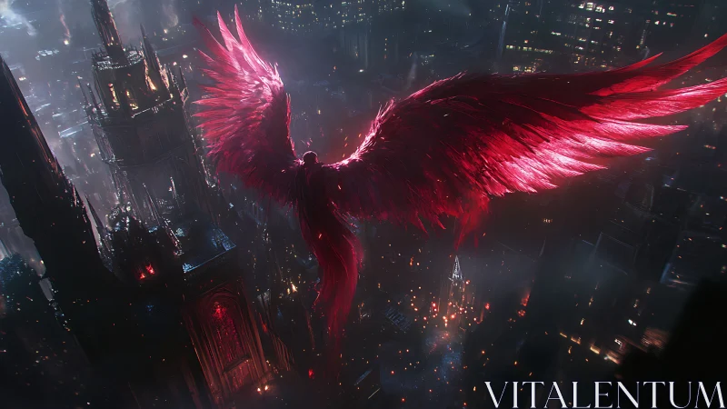 Crimson-winged guardian soars above a glowing cyber city