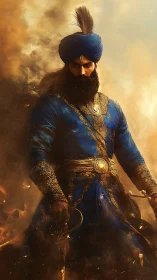 Regal blue warrior emerging from swirling golden fire.