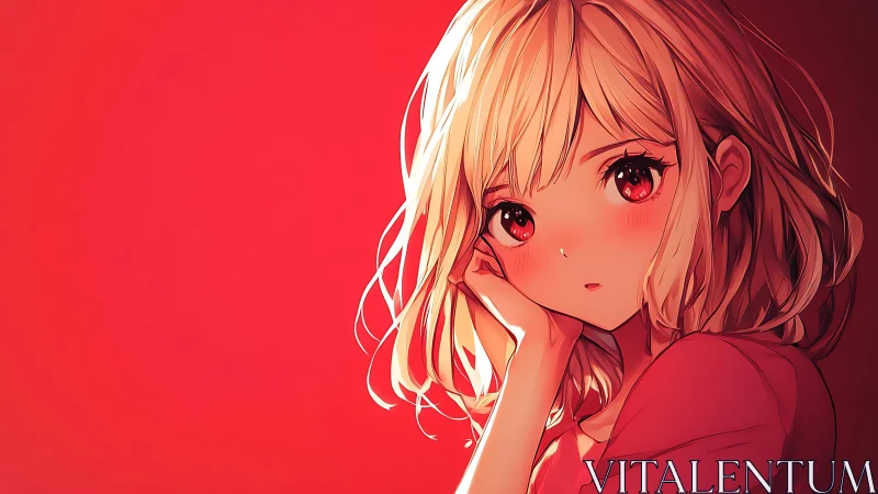 Anime girl portrait against intense flat red background