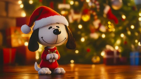Holiday beagle figurine glows beside a dreamy Christmas tree.