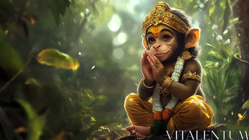 Divine baby monkey deity in ornate gold regalia, forest bokeh