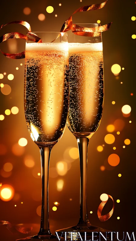 Sparkling champagne flutes glow amid festive golden lights