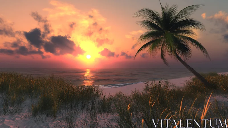 Tropical beach sunset with glowing clouds and palm silhouette.