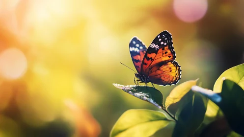 Orange butterfly on green leaf in warm glowing light.