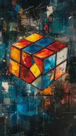 Chaotic neon puzzle cube swirling through urban stardust.