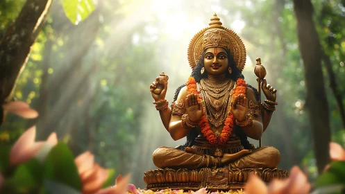 Golden Hindu deity statue in forest light with lotus blooms.