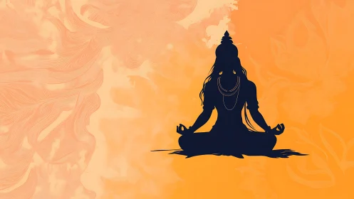 Meditative deity silhouette against warm orange lotus field.