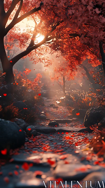 Sunlit cobblestone forest path under dense crimson canopy