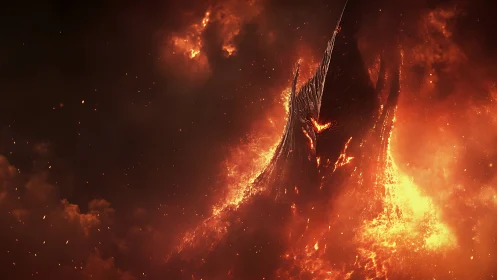Fiery demonic figure emerging within erupting inferno.