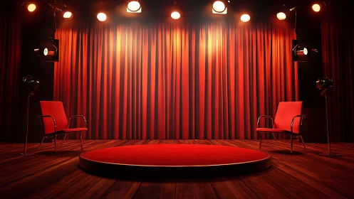 Warm spotlight stage set for cozy conversation and stories.