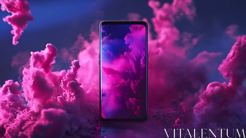 Smartphone stands amid neon magenta cloud plumes.