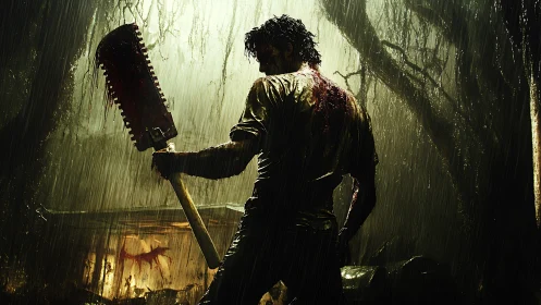 Silhouetted man holds bloody chainsaw in dense rainy forest