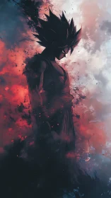 Silhouetted spiky-haired warrior amid red and blue vapor clouds.