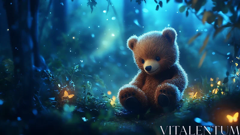 Soft plush teddy bear illuminated in bioluminescent forest glow