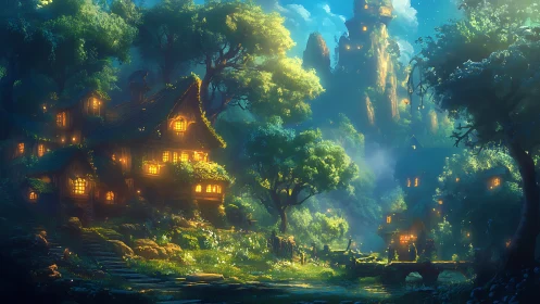 Forest settlement with lit cottages and distant tower at dusk.