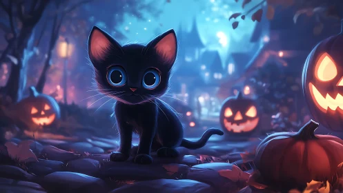 Black cat with glowing eyes in Halloween scene.
