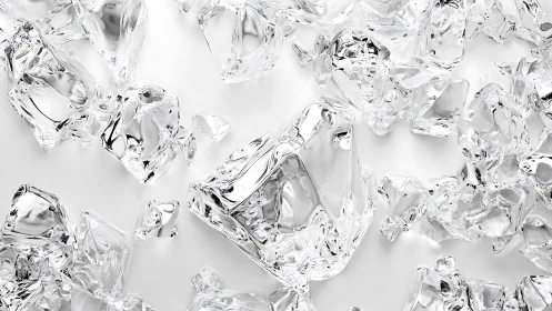 Abstract close-up of clear ice cubes on white background, modern style.