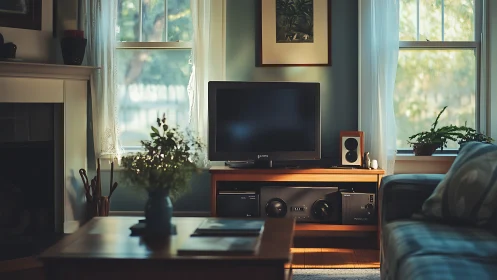 Warm living room media console with flat-screen TV and stereo