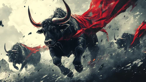 Dynamic digital painting of charging bulls with red capes.