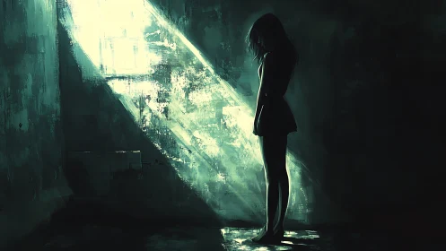 Quiet girl in a painted beam of light, pausing with herself.