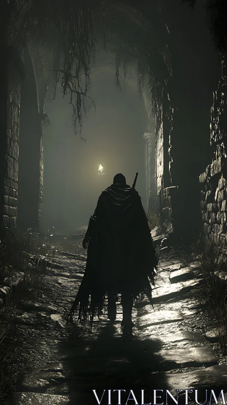 Cloaked figure in dim stone corridor with distant lantern light.