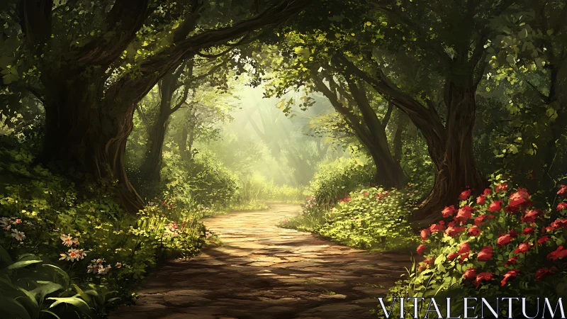 Forest pathway with deciduous trees and flowering ground cover.