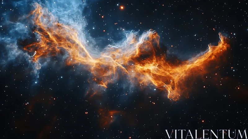 Orange ionized gas filament in deep space starfield view.