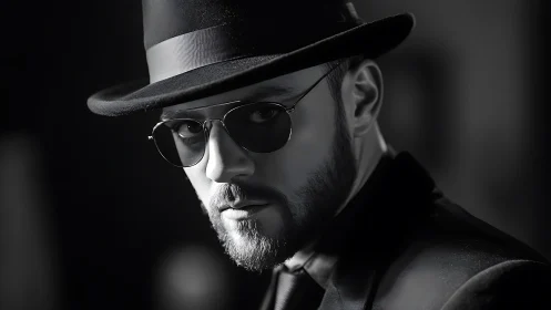 Monochrome portrait isolates a bearded man in noir lighting