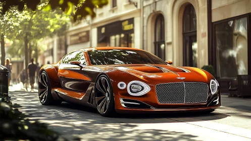 Orange luxury sports coupe parked on bright city street