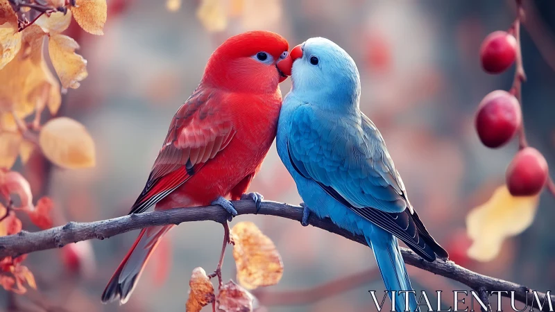 Vibrant Red and Blue Parrots on Autumn Branch in Soft Focus Style.