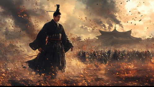Samurai commander advances through battlefield flames and smoke
