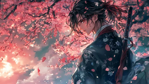 Samurai under crimson sakura canopy, petals swirling softly.