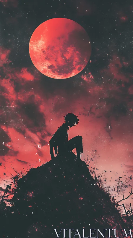 Silhouetted figure sits on rocky hill beneath red full moon
