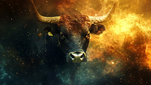 Celestial bull emerging from glowing golden cosmic clouds.