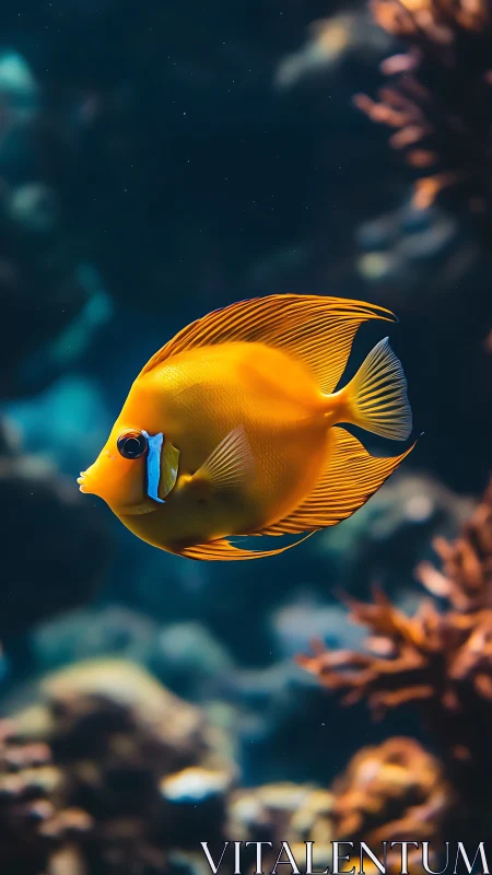 Orange reef fish in sharp lateral profile over blurred corals