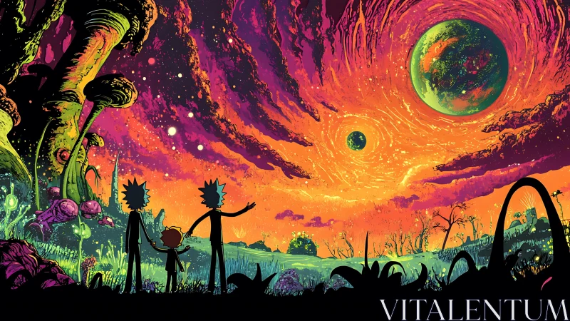 Neon alien landscape under swirling twin planets at dusk.