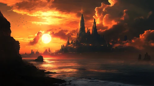 Radiant sunset engulfs towering coastal fantasy citadel