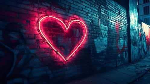 Neon heart sign glows on graffiti covered brick alley wall