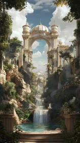 Sunlit celestial waterfall city rises through lush cliffs