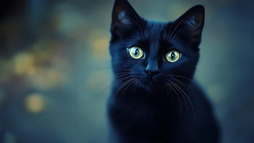 Black Cat with Luminous Eyes Against Blurred Teal Background
