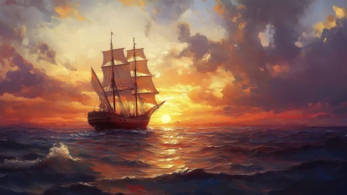 Trimasted brig under chromatic sunset in digital seascape.