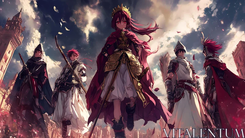 Crimson crowned leader and guardians stride through ruins.