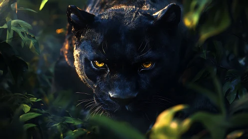 Black Panther Prowling Through Dense Jungle Foliage