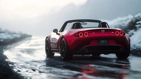 Red roadster parked on wet mountain road at dusk.
