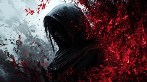 Digital painting of hooded figure amid erupting crimson foliage.