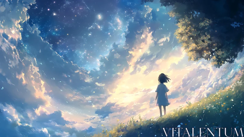 Child gazes into a luminous starry sky above a dreaming hill